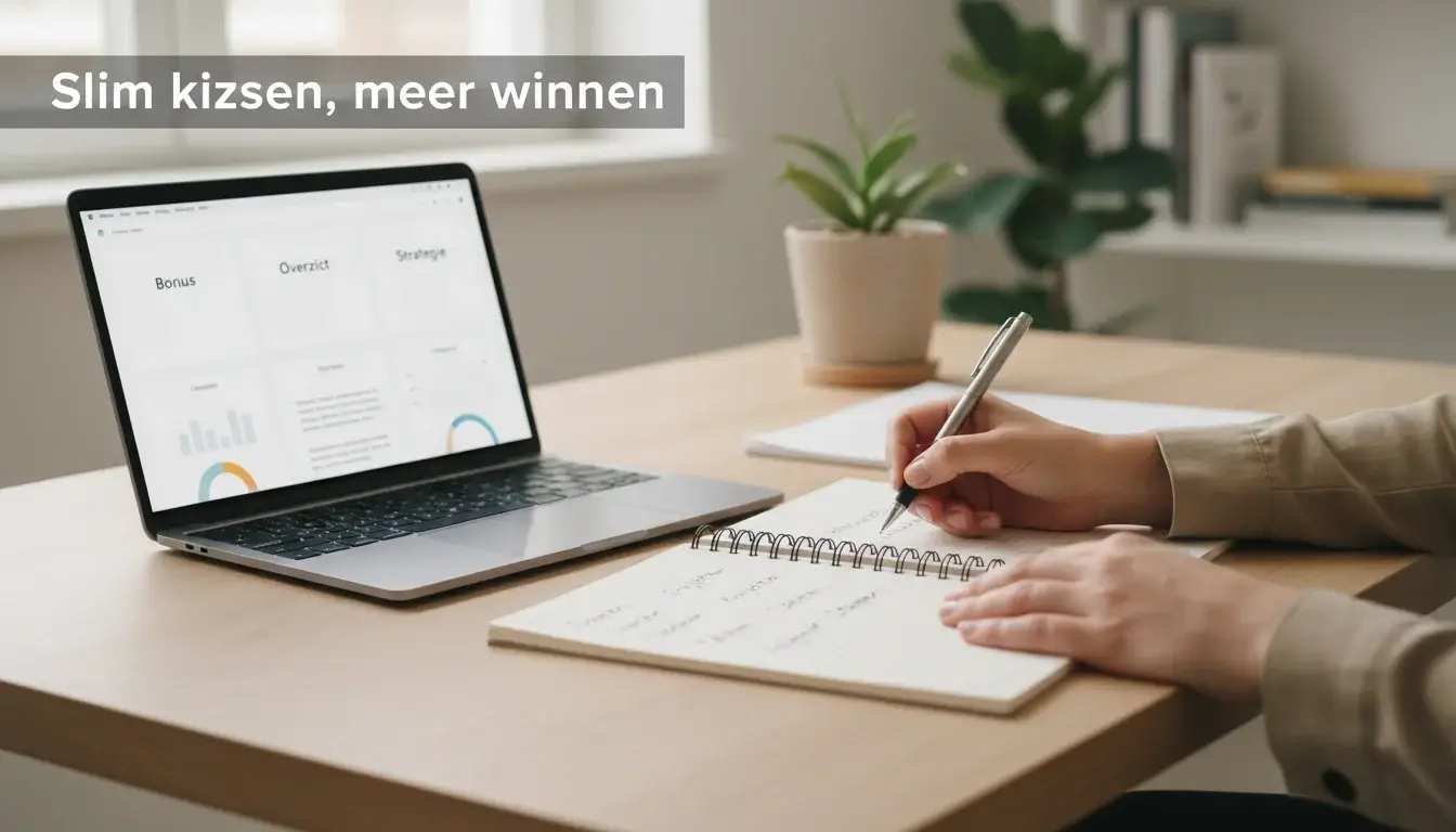 Persoon die notities maakt bij het vergelijken van opties op laptop