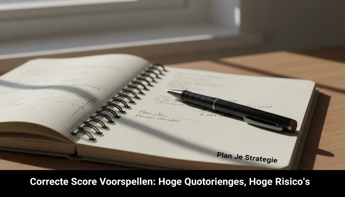 Notitieboek met wedstrategie en pen op houten bureau