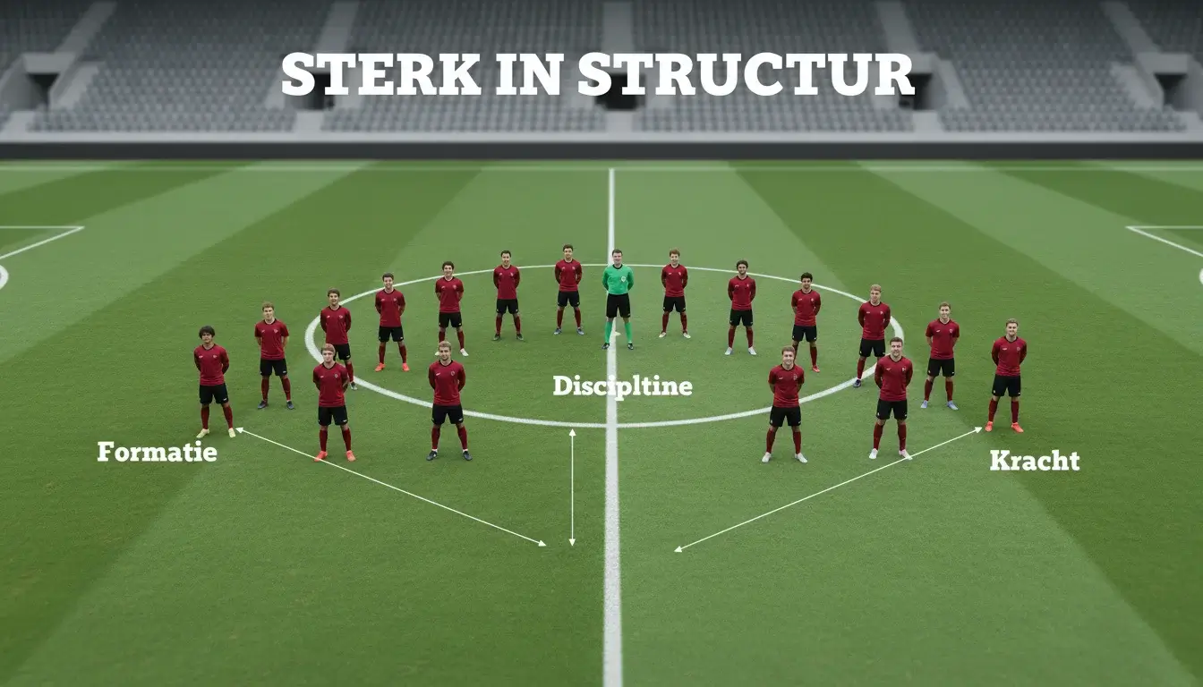 Voetbalteam in rode shirts in tactische formatie