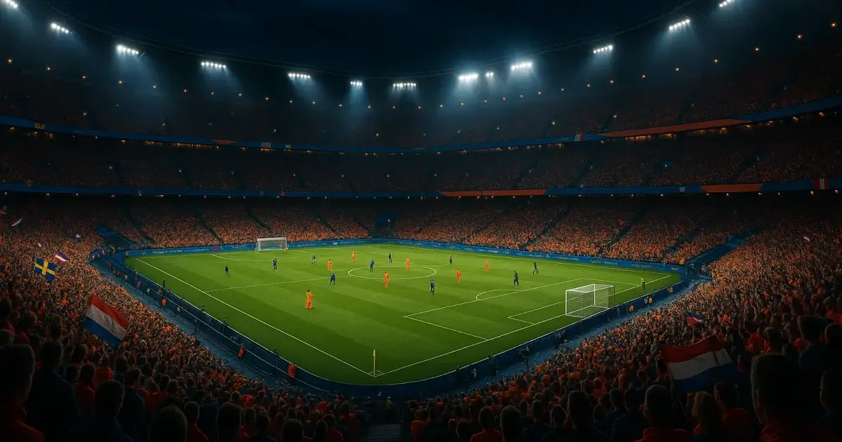 Panoramisch uitzicht over een vol Europees voetbalstadion tijdens EK-wedstrijd met dramatische verlichting en enthousiaste fans