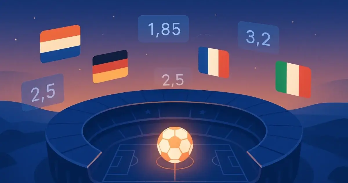 Overview of European Championship bets with odds 1.85, 2.50 and 3.20. Three possible outcomes side by side.