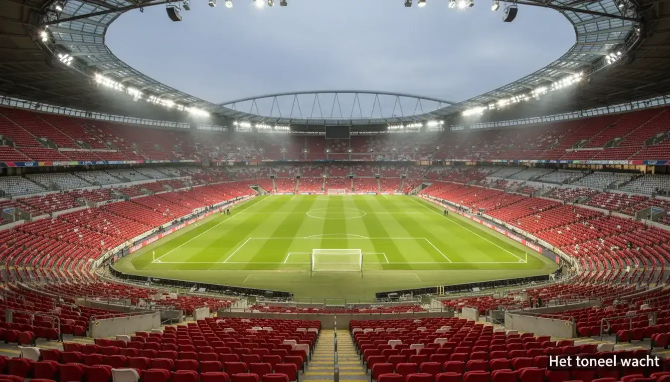 Voetbalstadion bij avond met felle verlichting