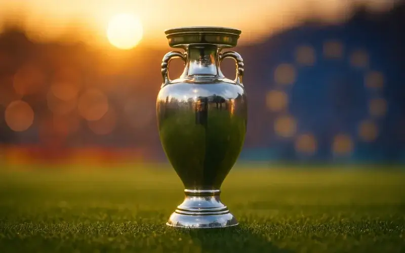 UEFA Europees Kampioenschap trofee op het grasveld met Europese vlaggen op de achtergrond tijdens gouden uur