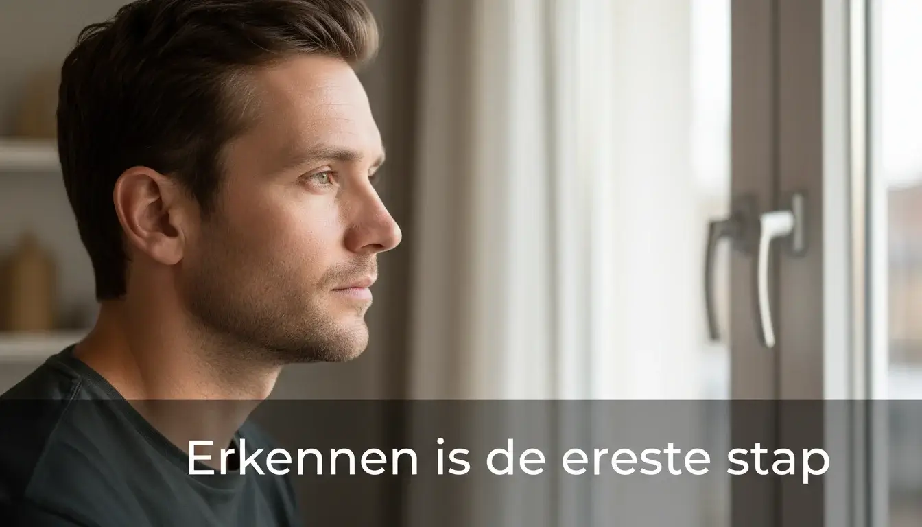Persoon in gedachten bij raam met nadenkende blik