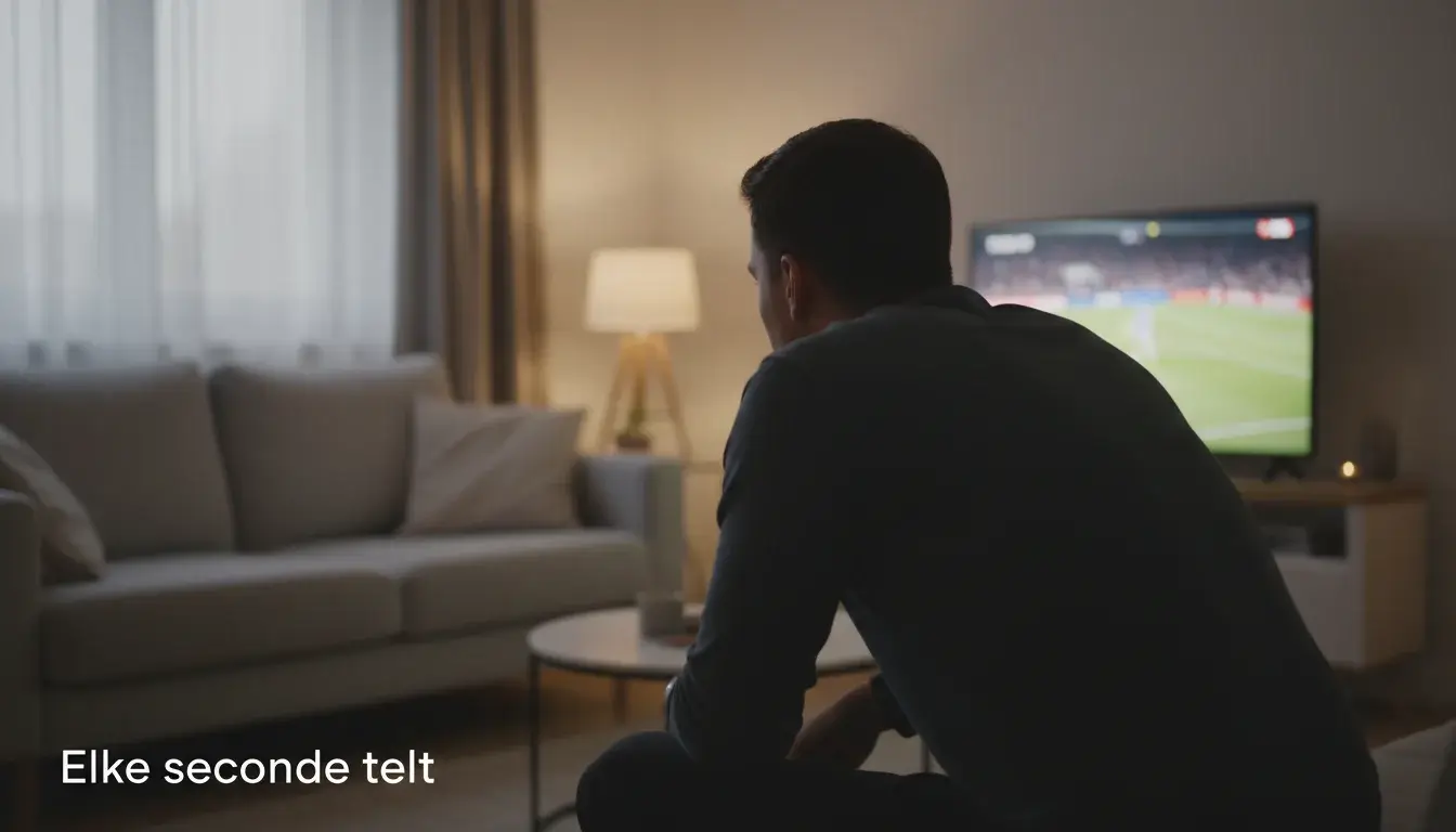Persoon geconcentreerd kijkend naar voetbal op scherm