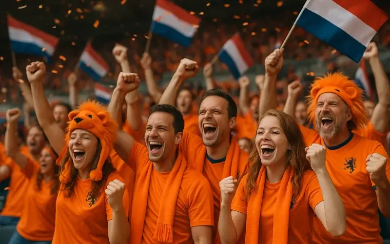 Nederlandse voetbalfans in oranje shirts juichen enthousiast in het stadion tijdens EK-wedstrijd met Nederlandse vlaggen