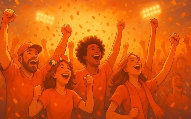 Oranje fans vieren samen een overwinning met vreugde en oranje sfeer in het stadion