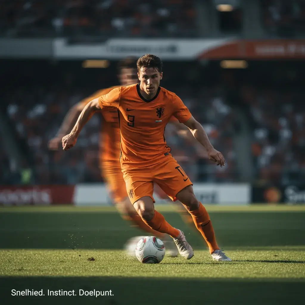 Aanvaller in oranje shirt dribbelt met de bal