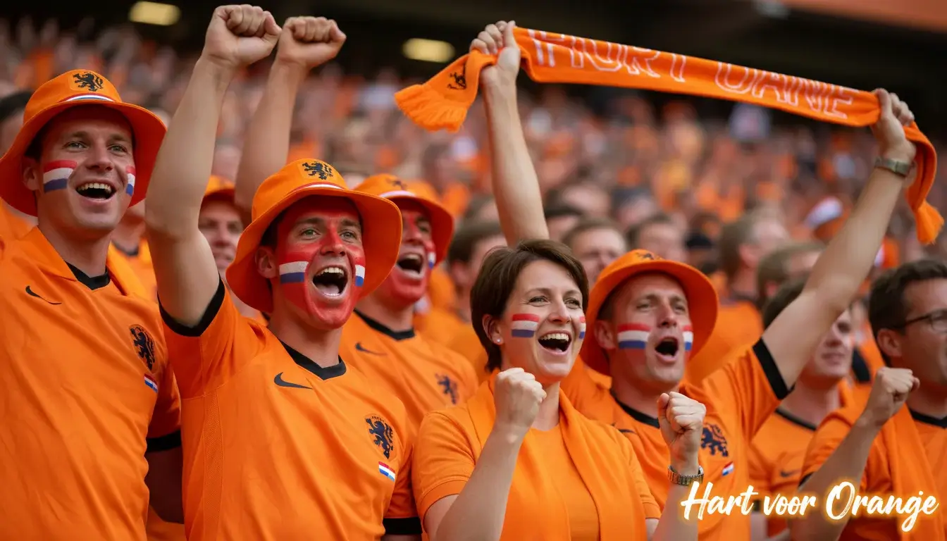 Oranje supporters met vlaggen en geschminkte gezichten