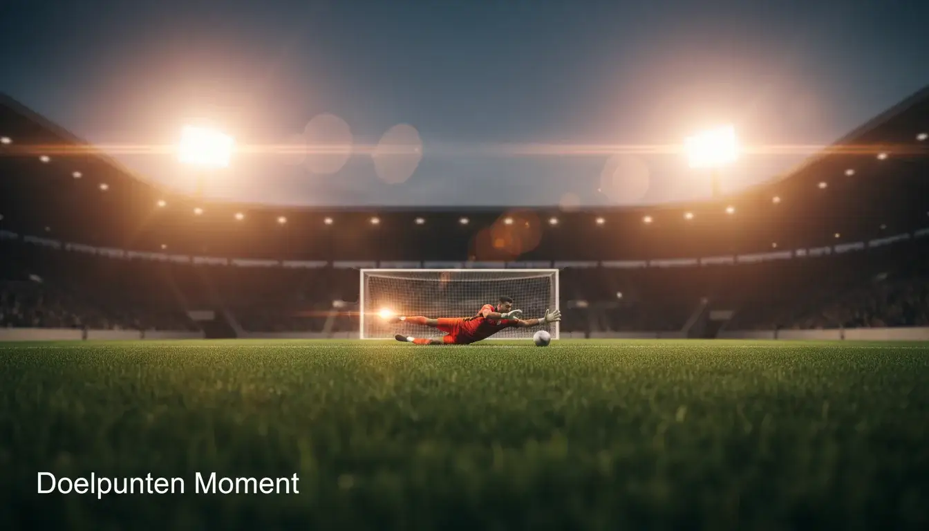 Voetbal die in het doel vliegt met keeper die strekt