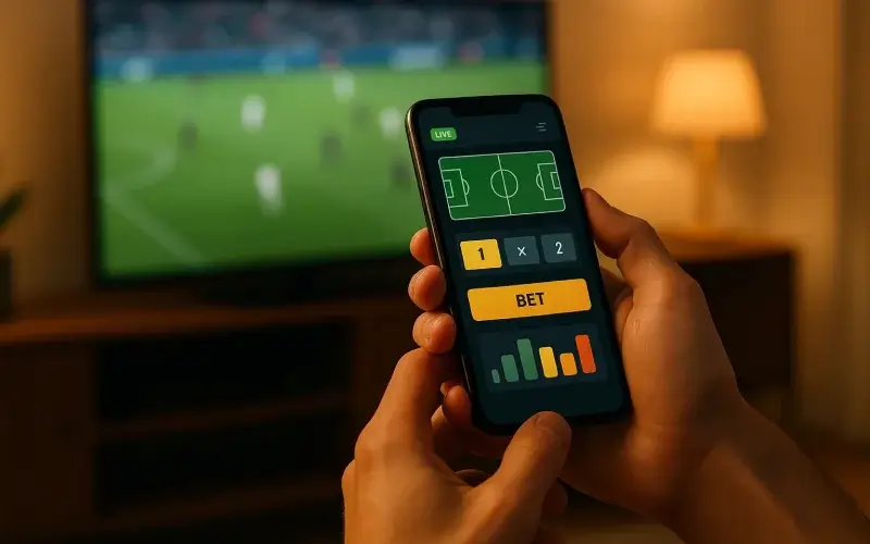 Moderne smartphone met sportwedden app die odds en statistieken toont, met voetbalwedstrijd op TV op de achtergrond
