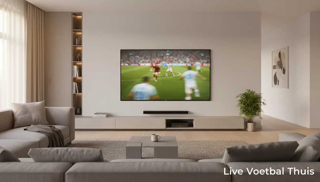 Voetbalwedstrijd op groot scherm met live statistieken overlay
